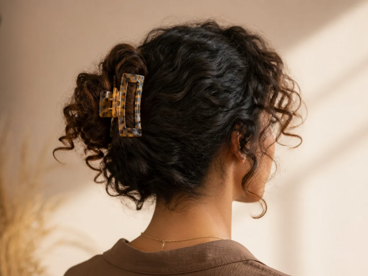 Curly hair loosely held in a claw clip