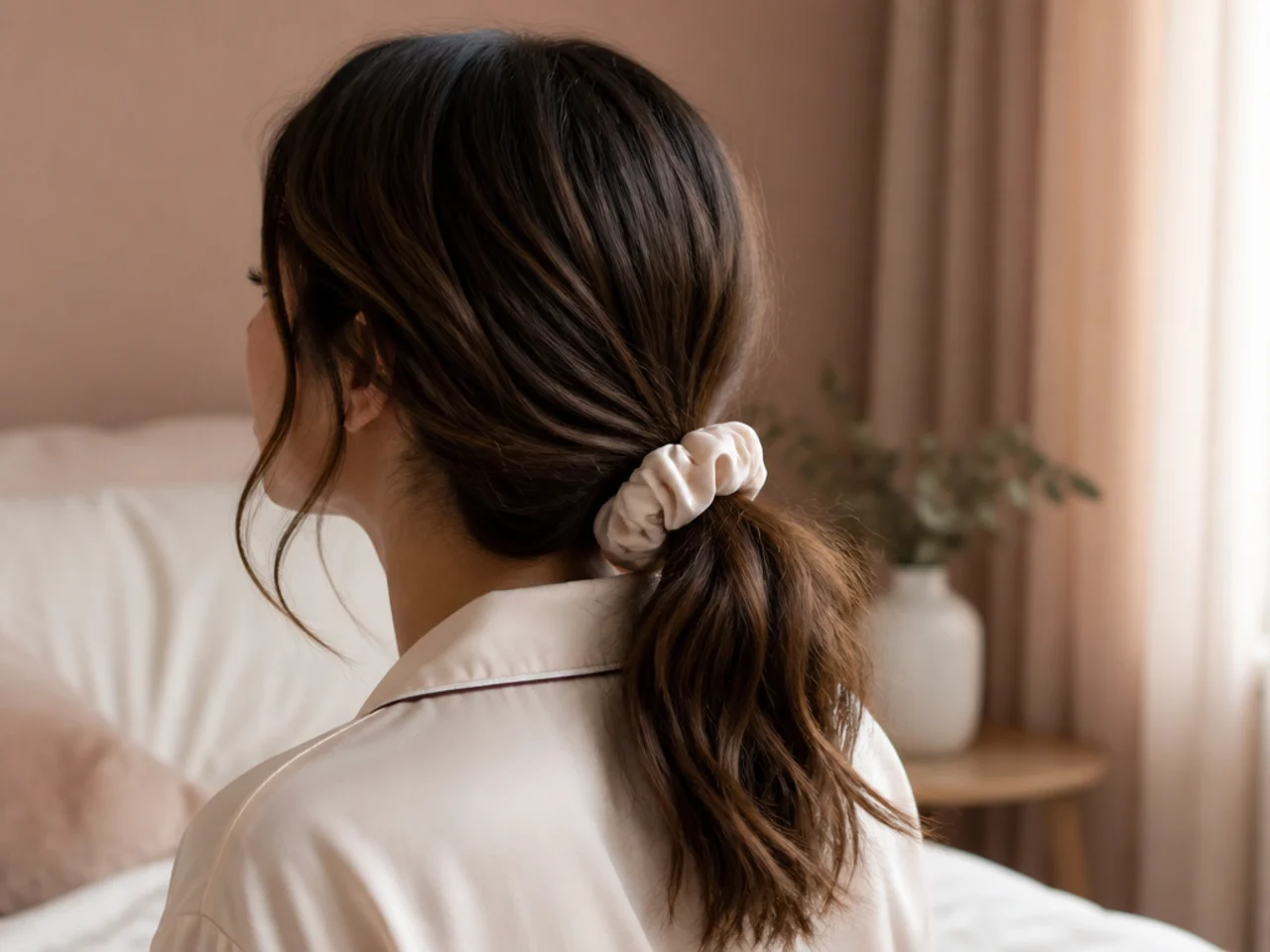 A soft scrunchie holding hair loosely for sleep