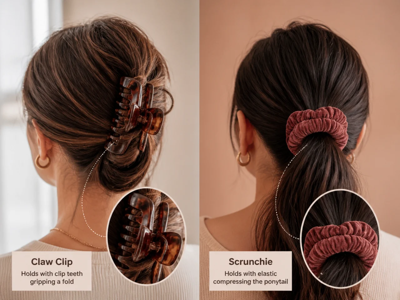 Close-up of clip teeth gripping a fold beside elastic compressing a ponytail