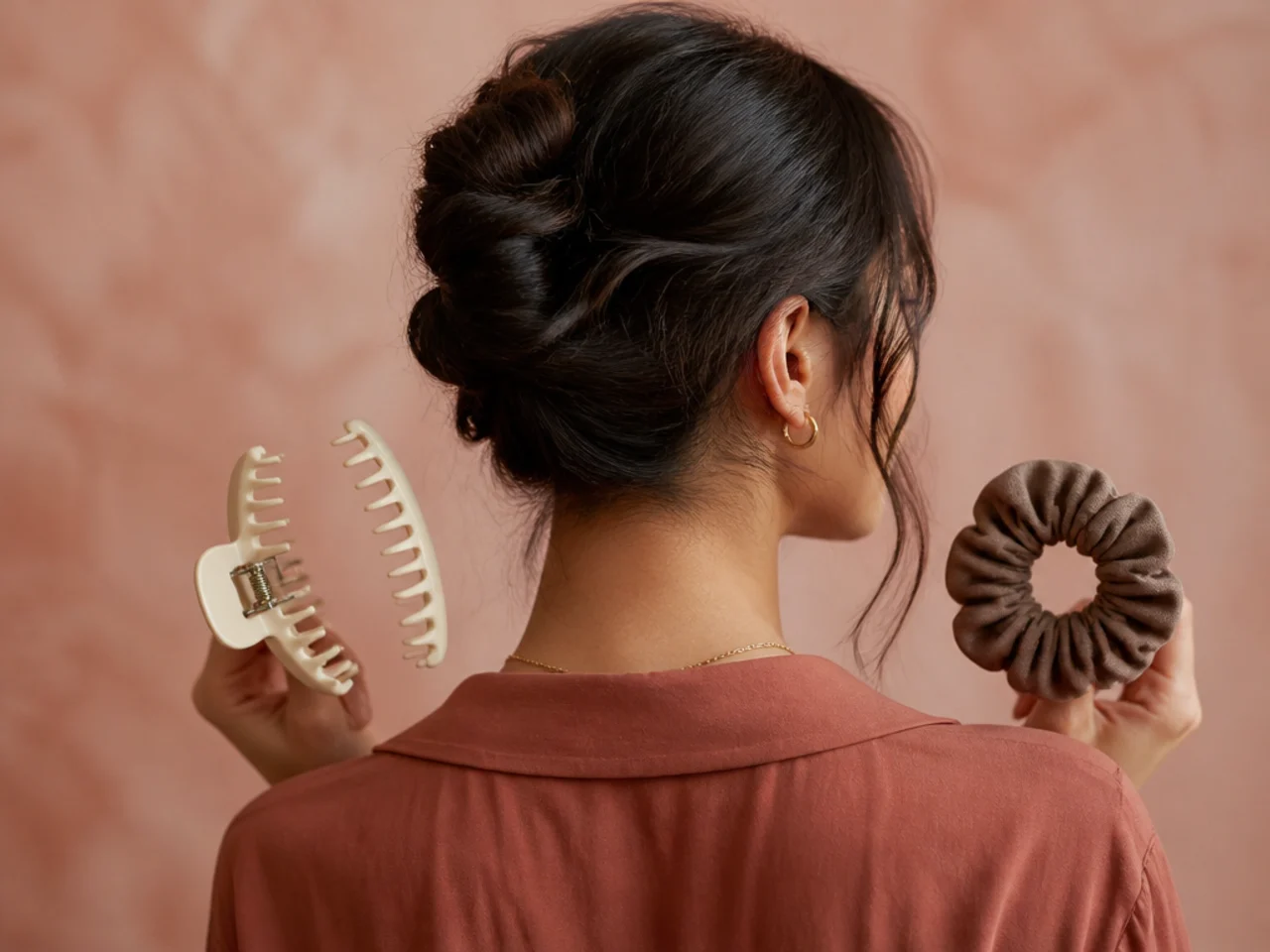 A claw clip open showing its teeth beside a scrunchie stretched open
