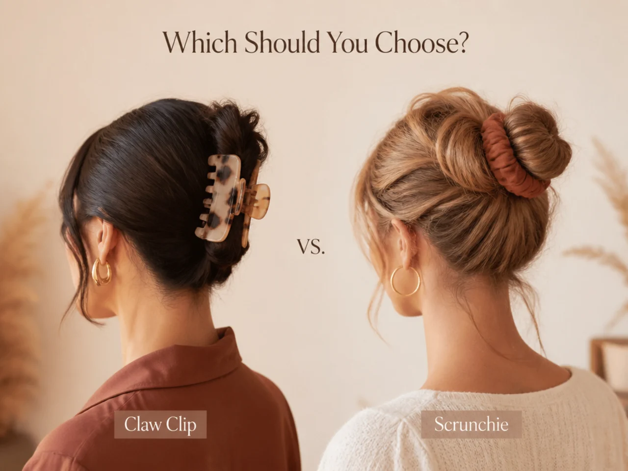A claw clip and scrunchie shown as a final comparison