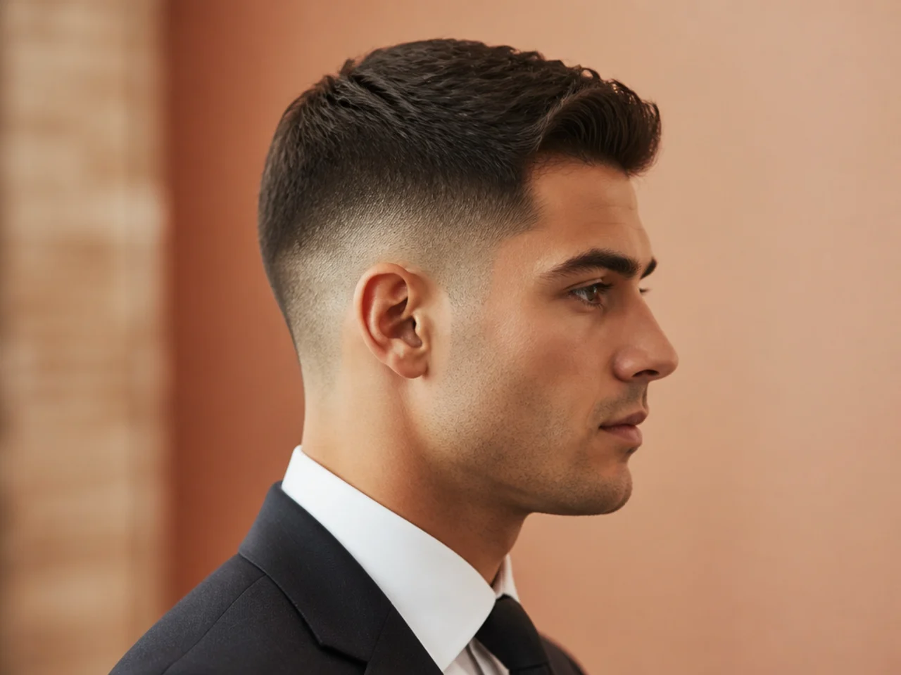 Business-safe fade clean haircut with low fade below the temple, medium top, quiet luxury look