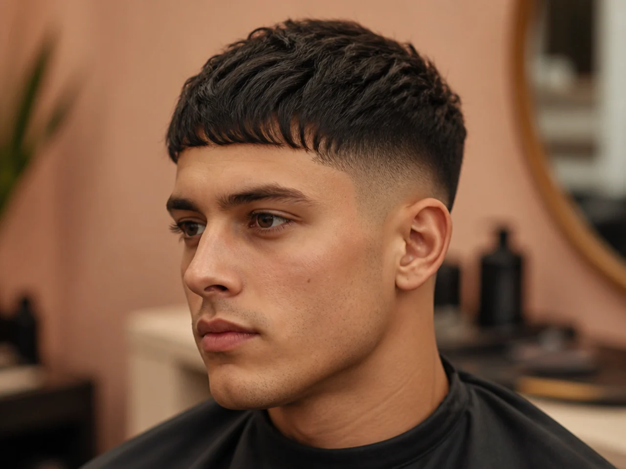 Crisp French crop with textured short fringe, low fade sides, matte finish