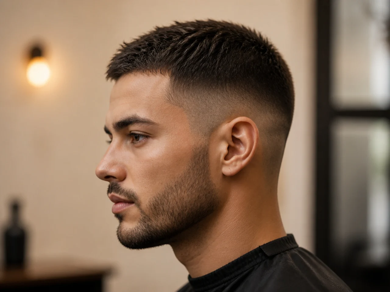Editorial short clean haircut with piecey texture on top, tight tapered sides, magazine-style finish