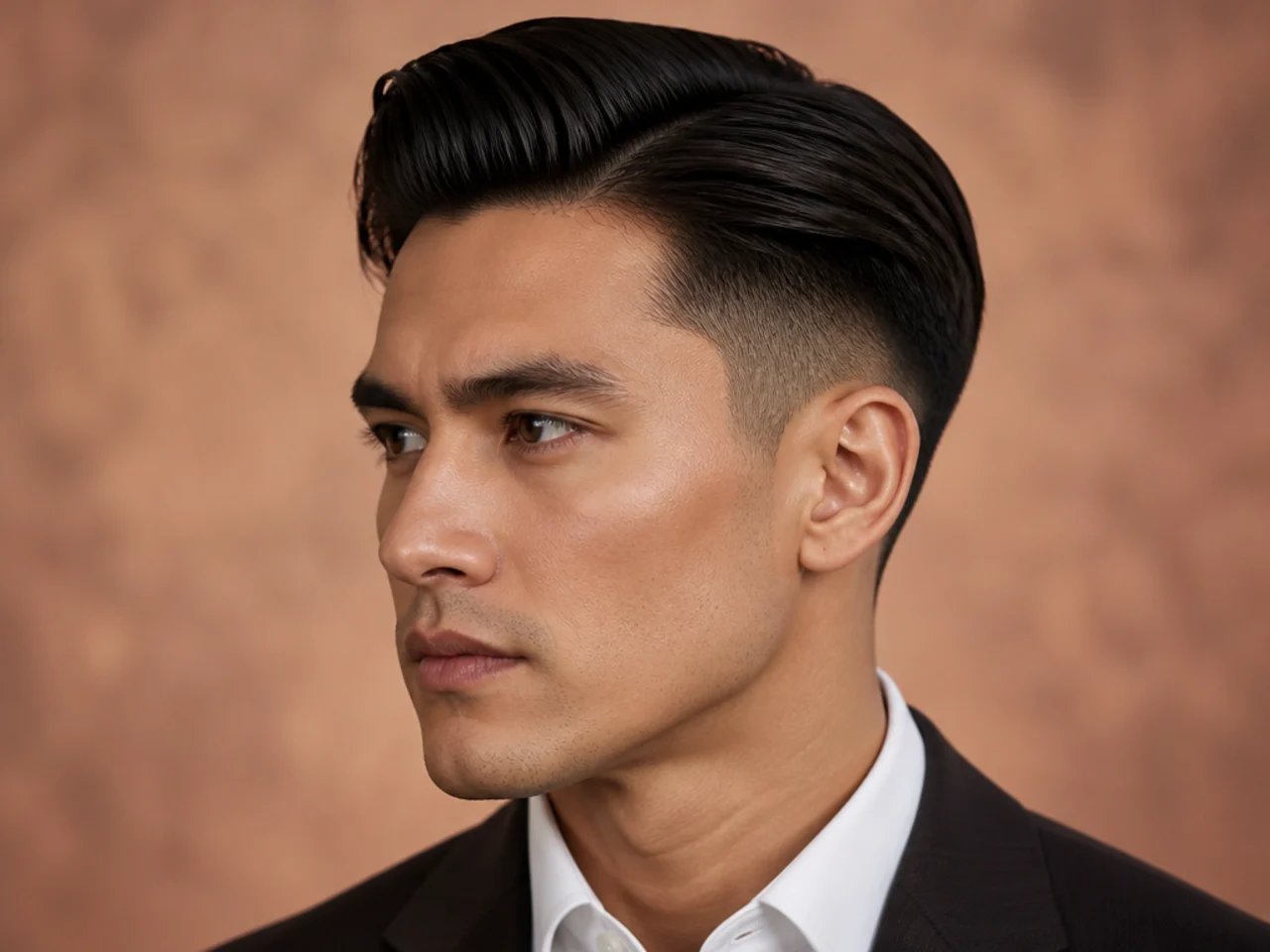 Executive contour clean haircut with sculpted crown shape, three-inch top, no fade, quiet luxury profile