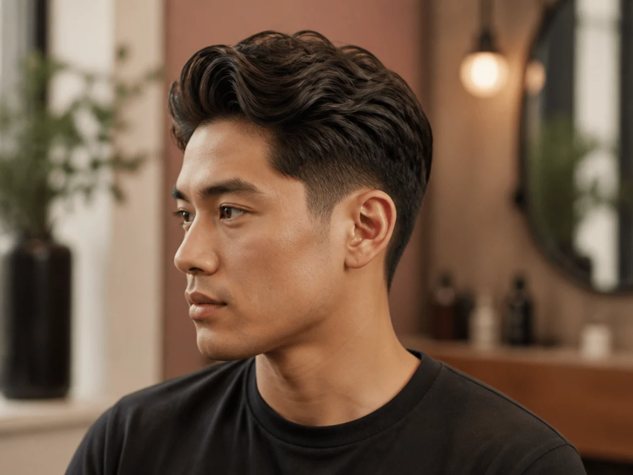 Editorial three-quarter final portrait of a man with a clean side-part haircut in warm blush-cream lighting