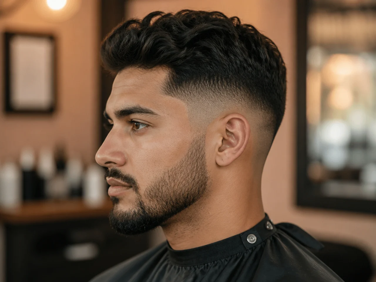 Barbershop interior with modern chair, mirror, and a barber styling a clean side-part haircut