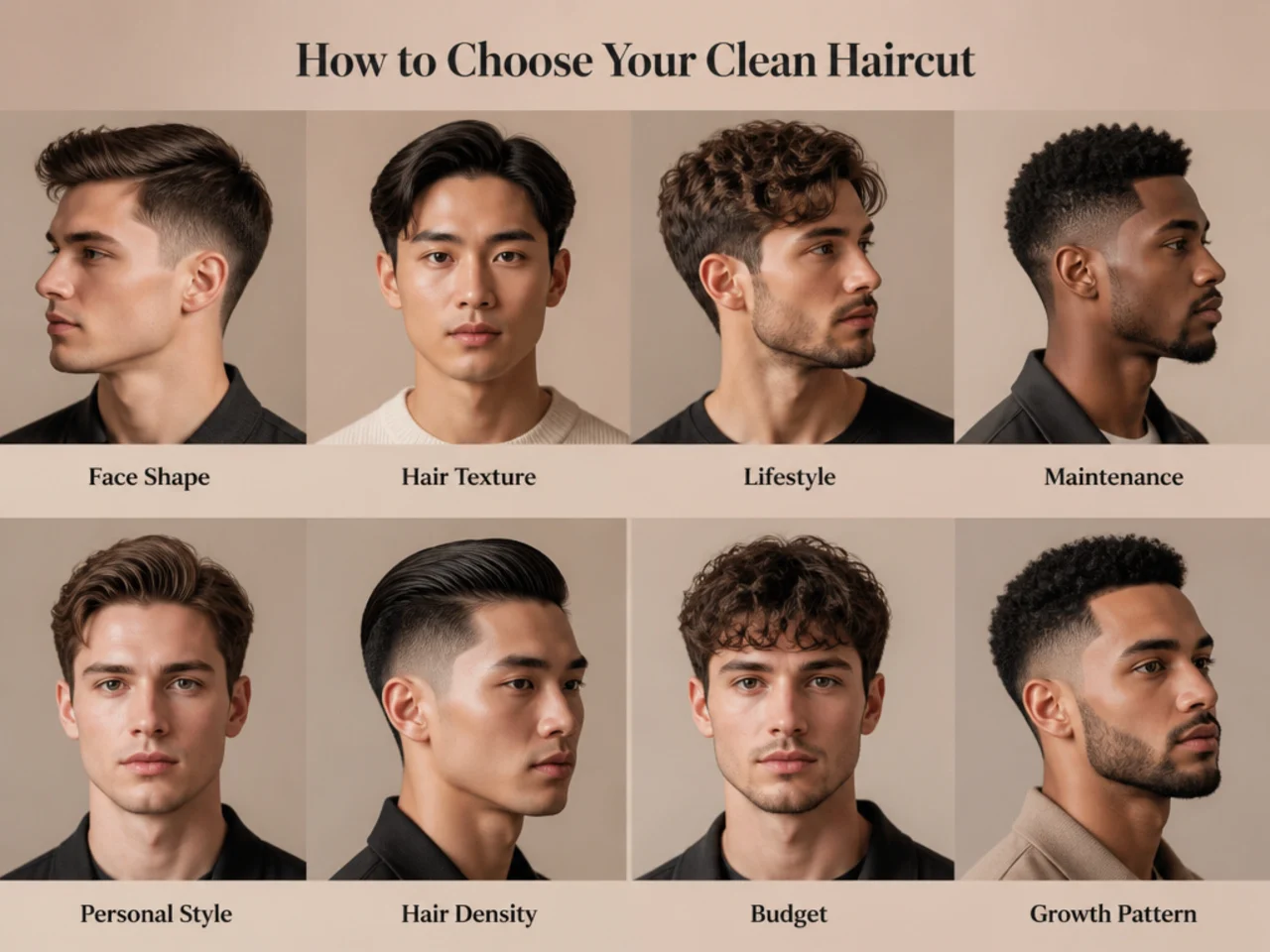 Barber chair reference sheet with face-shape and hair-type diagrams for a clean men's haircut