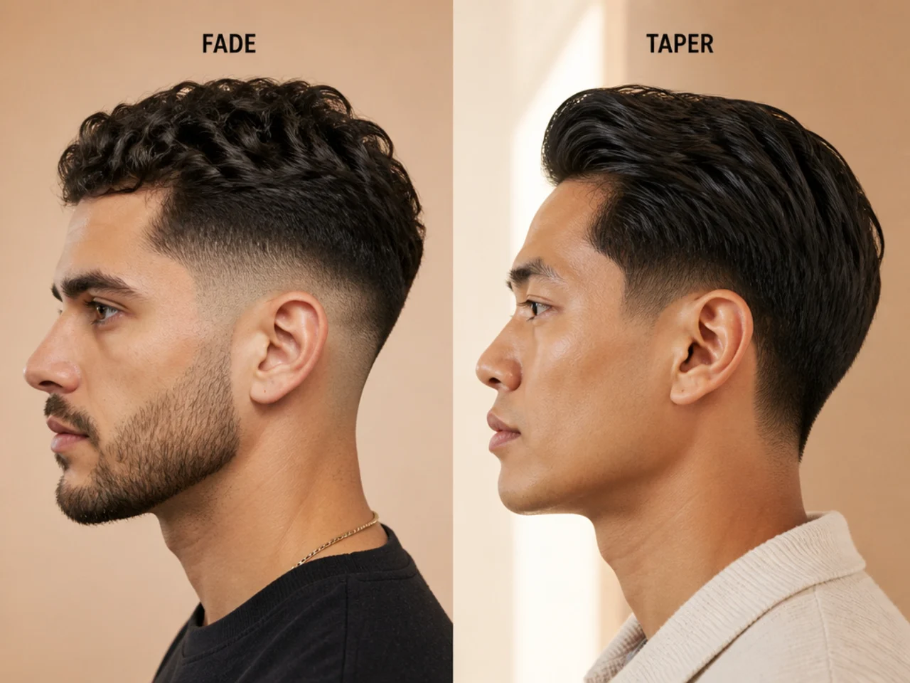 Side-profile comparison of a scissor taper and a low fade on two men's haircuts