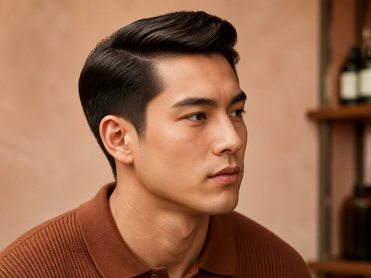 Ivy league clean haircut for men with two-inch top, natural side part, tapered sides