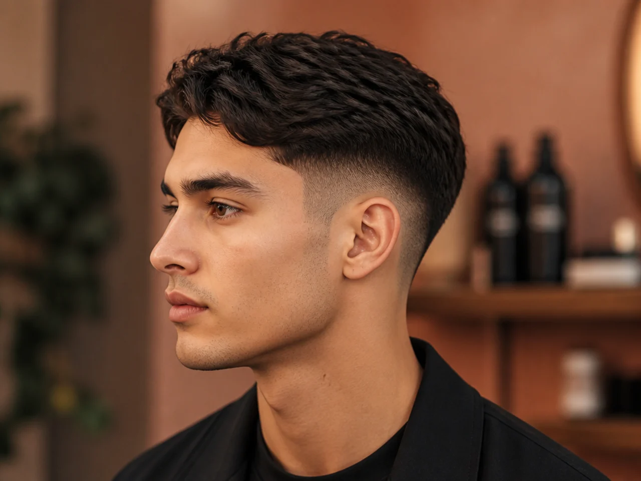 Low-key drop fade with subtle drop at the back, medium top, matte styling, no design