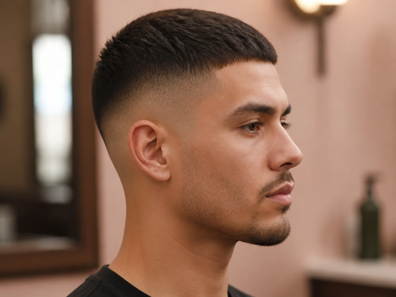Minimalist skin fade with medium top, mid fade to skin, no line up, matte finish