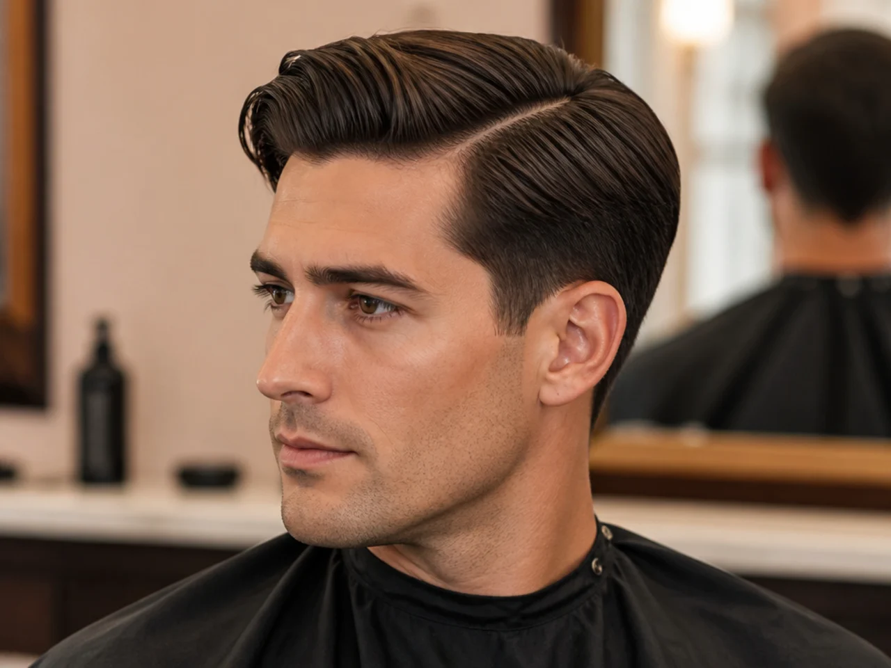 Old money side part clean haircut with deep natural break, matte finish, scissor-blended sides