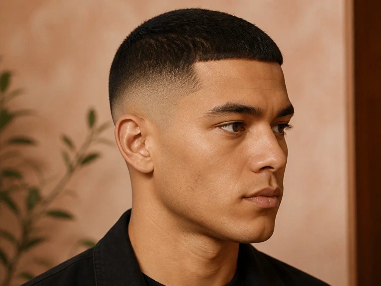 Precision crew cut with one-inch top, razor-clean neckline, no fade, matte styling