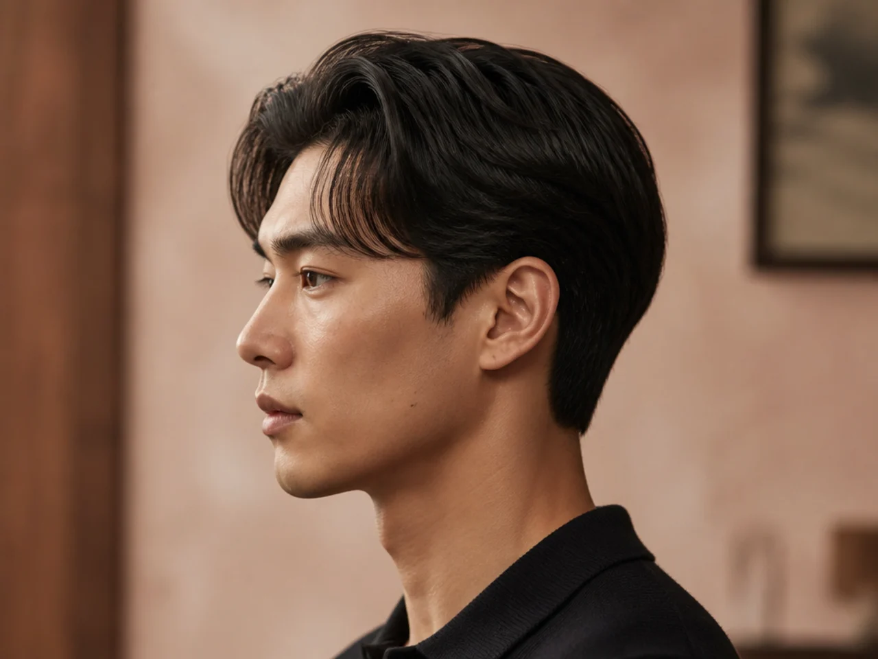 Prep-school comma haircut with small comma fringe, three-inch top, scissor-blended sides, matte finish
