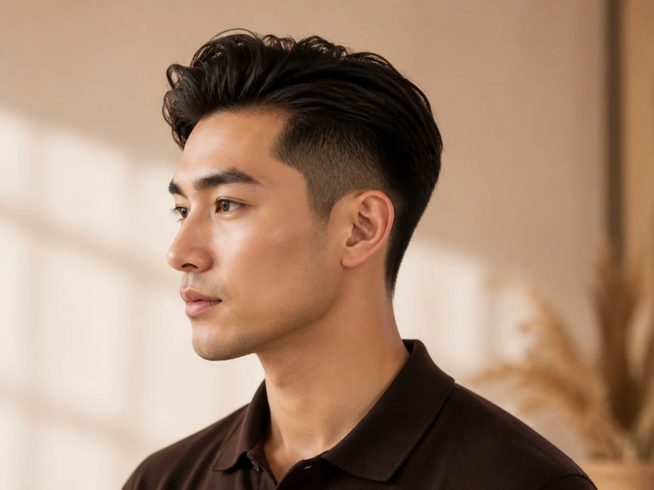 Quiet luxury undercut clean haircut with disconnected top, no shaved design, matte finish