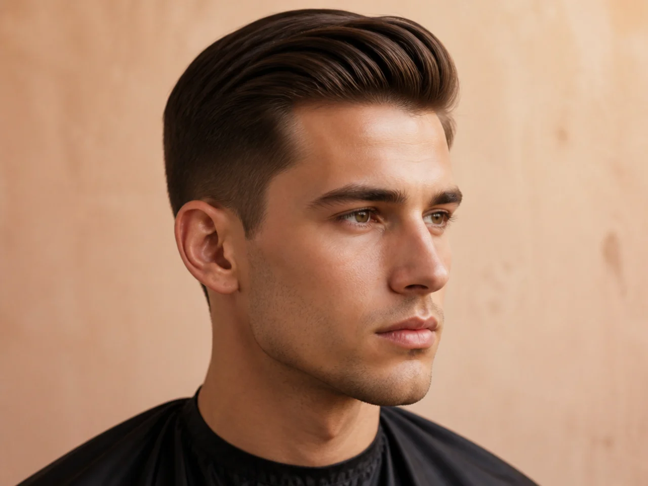 Sculpted comb-over clean haircut with four-inch top, scissor-blended sides, defined side part, matte finish