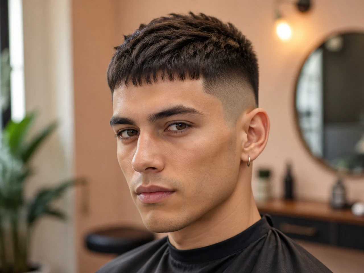 Sharp caesar clean haircut with blunt short fringe, tapered sides, matte finish