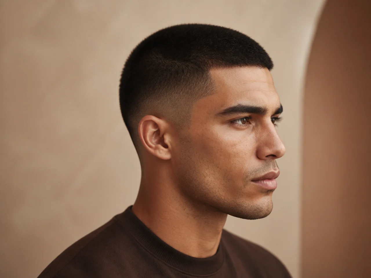 Structured buzz cut with defined edges, tapered nape, sideburn line, matte finish