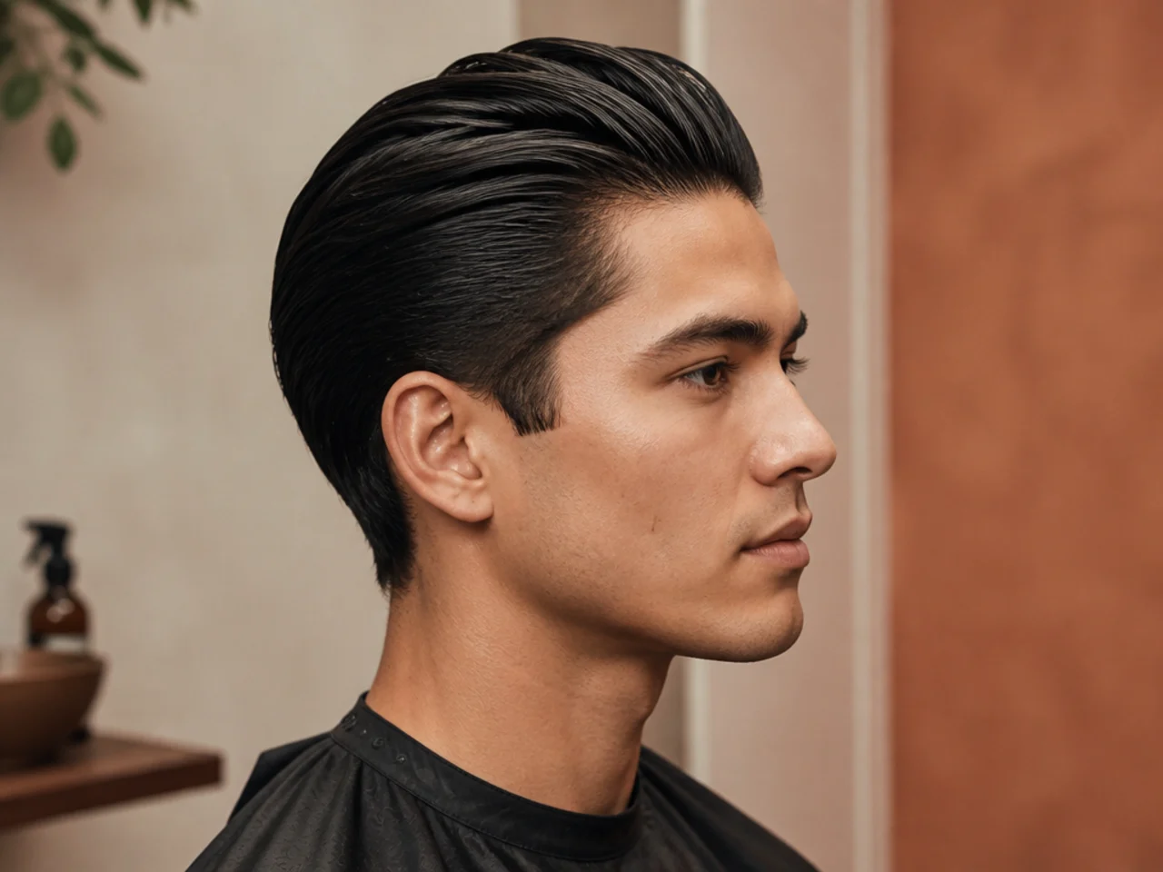 Tailored slick back clean haircut with four-inch top, matte finish, scissor-blended tapered sides