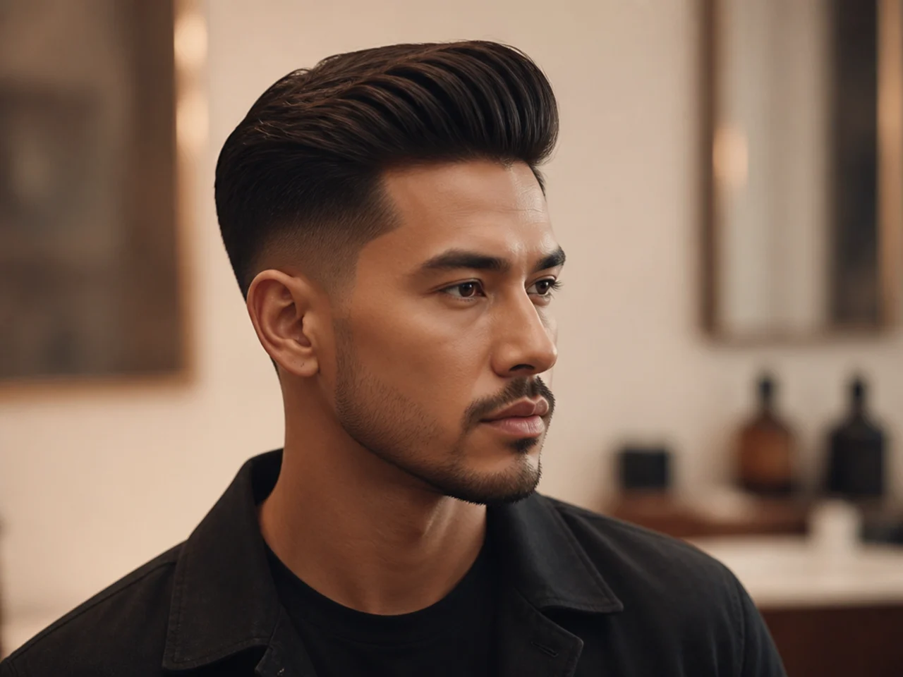 Tapered pomp clean haircut with three-inch top, low taper sides, natural volume