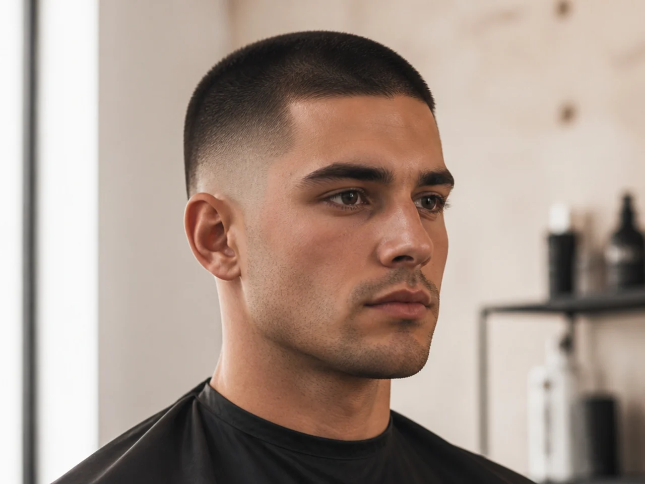 Editorial portrait of a man with an Ivy League clean haircut, deep side part, matte finish
