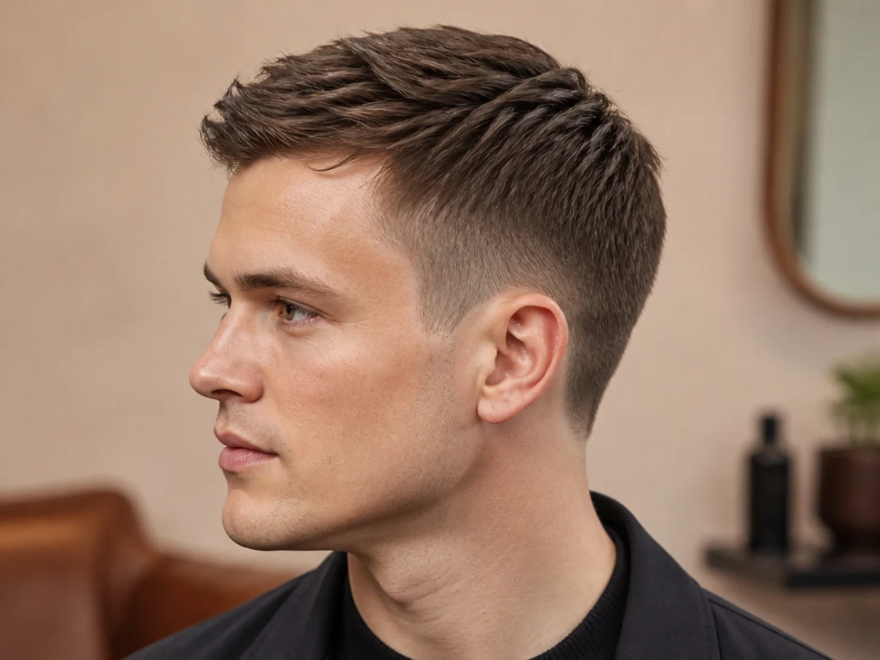Precision crew haircut on a man with thin hair, matte styling, sharp perimeter