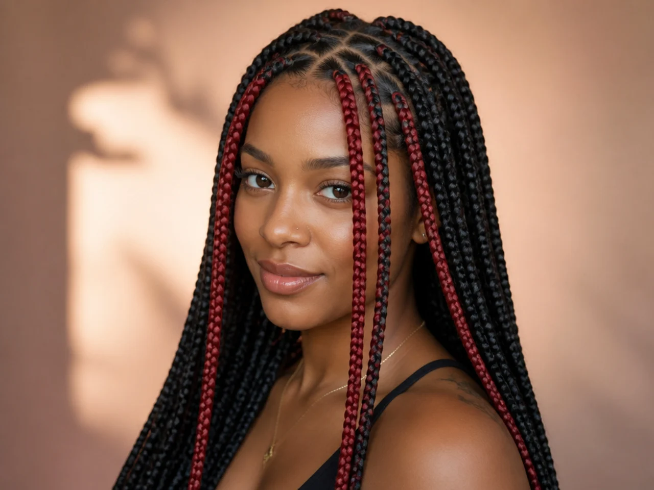 Red money-piece braids framing the face