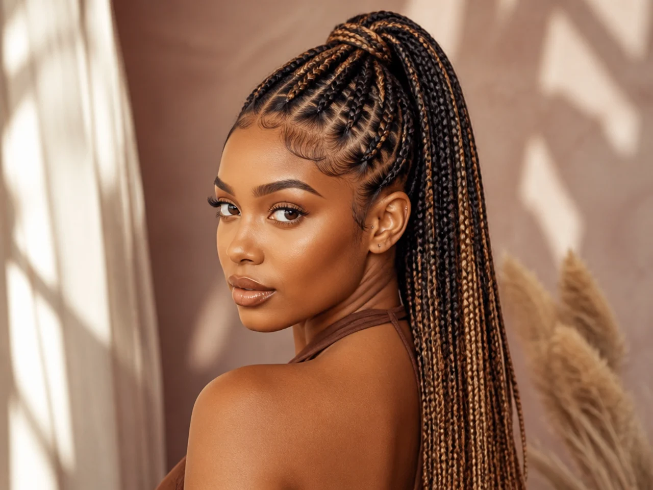 Coloured braids gathered into a high ponytail