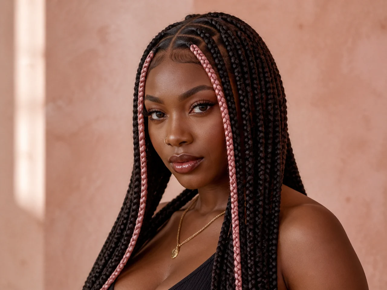 Pink money-piece braids framing the face