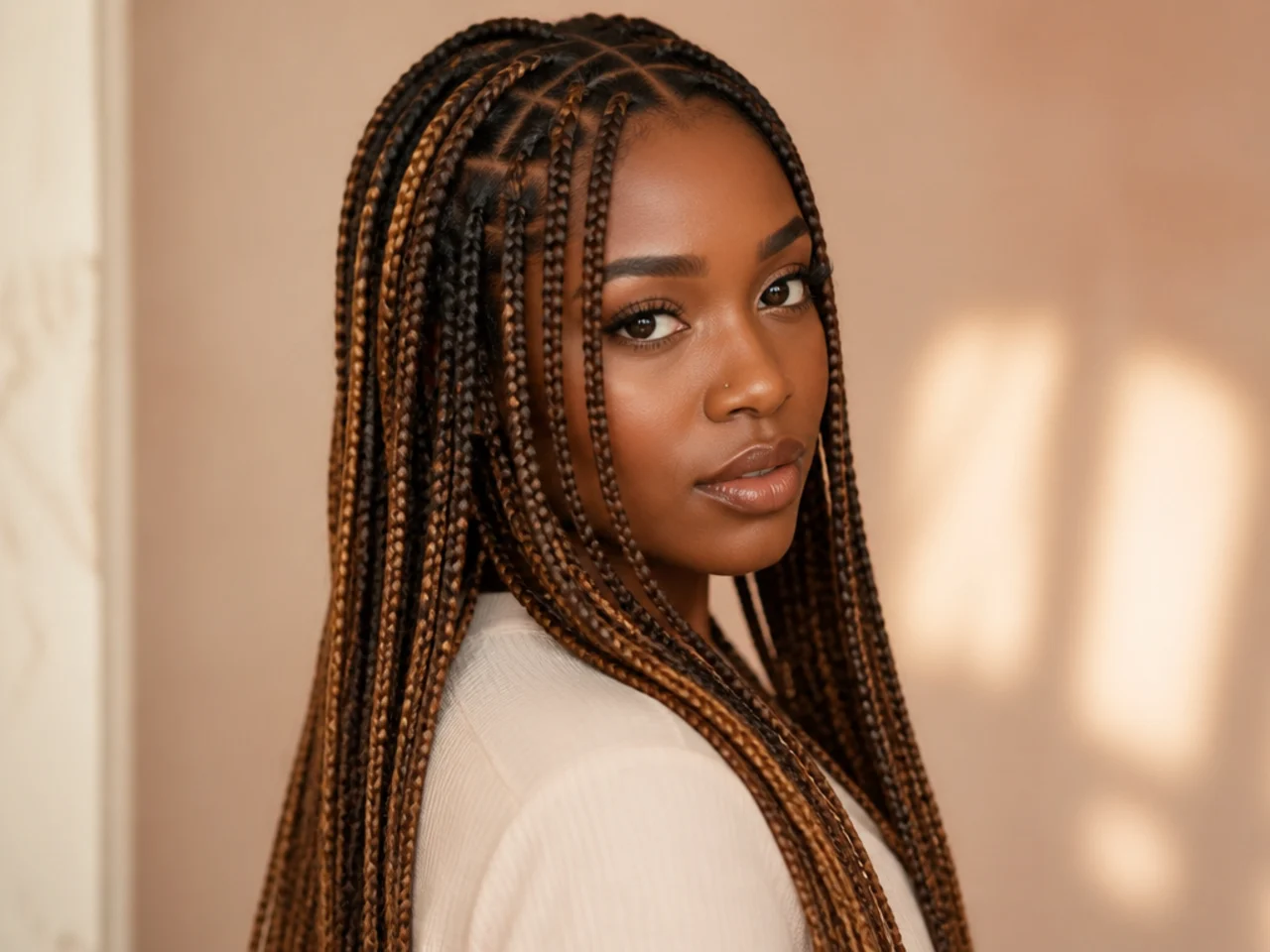 Three-quarter view of finished coloured knotless braids