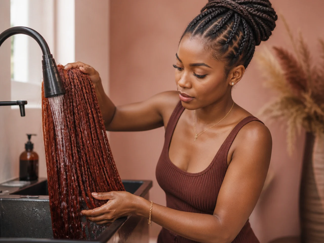 Coloured braiding hair being rinsed before installation