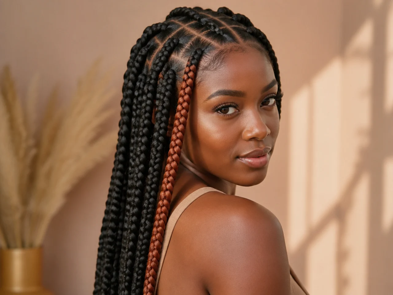 A single coloured braid sitting against natural-coloured braids