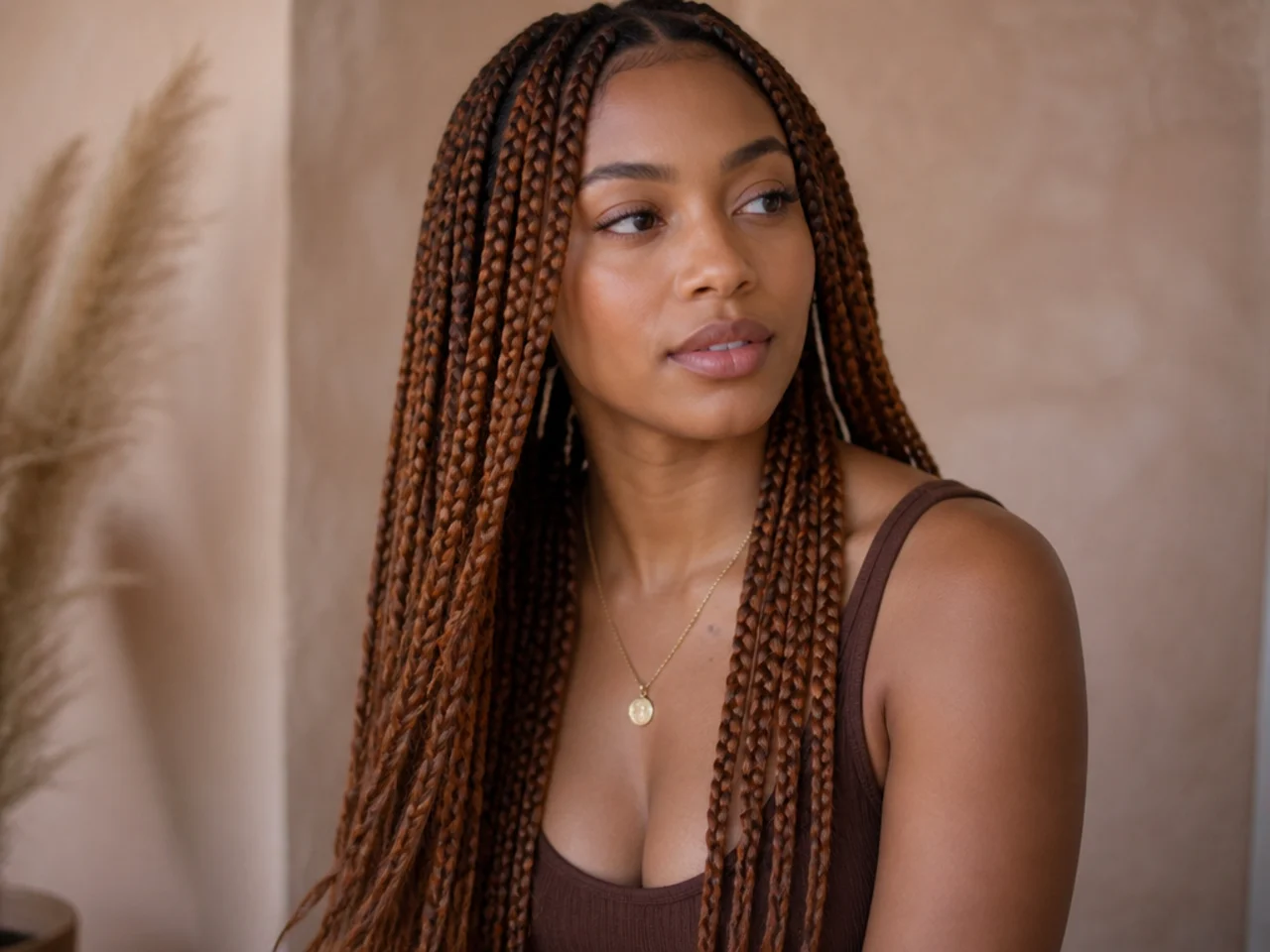 Ginger braids blended through natural medium braids