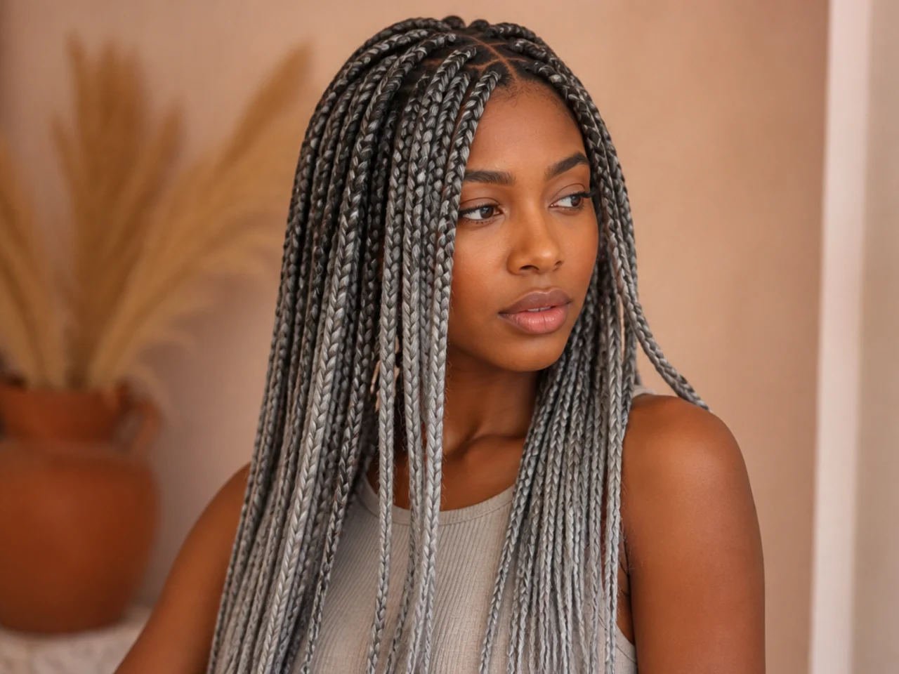 Grey and silver braids blended through a medium set