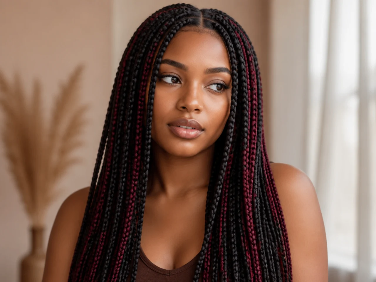 Burgundy braids scattered through black at a one-in-three ratio
