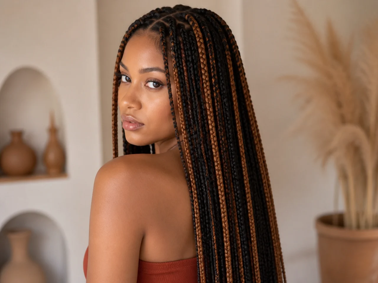 Two-tone medium knotless braids at a one-in-two ratio