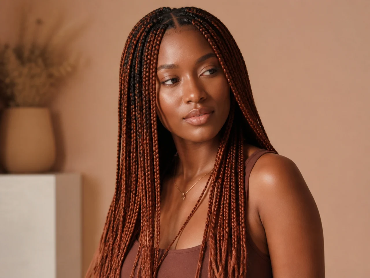 Three-quarter view of finished coloured medium knotless braids