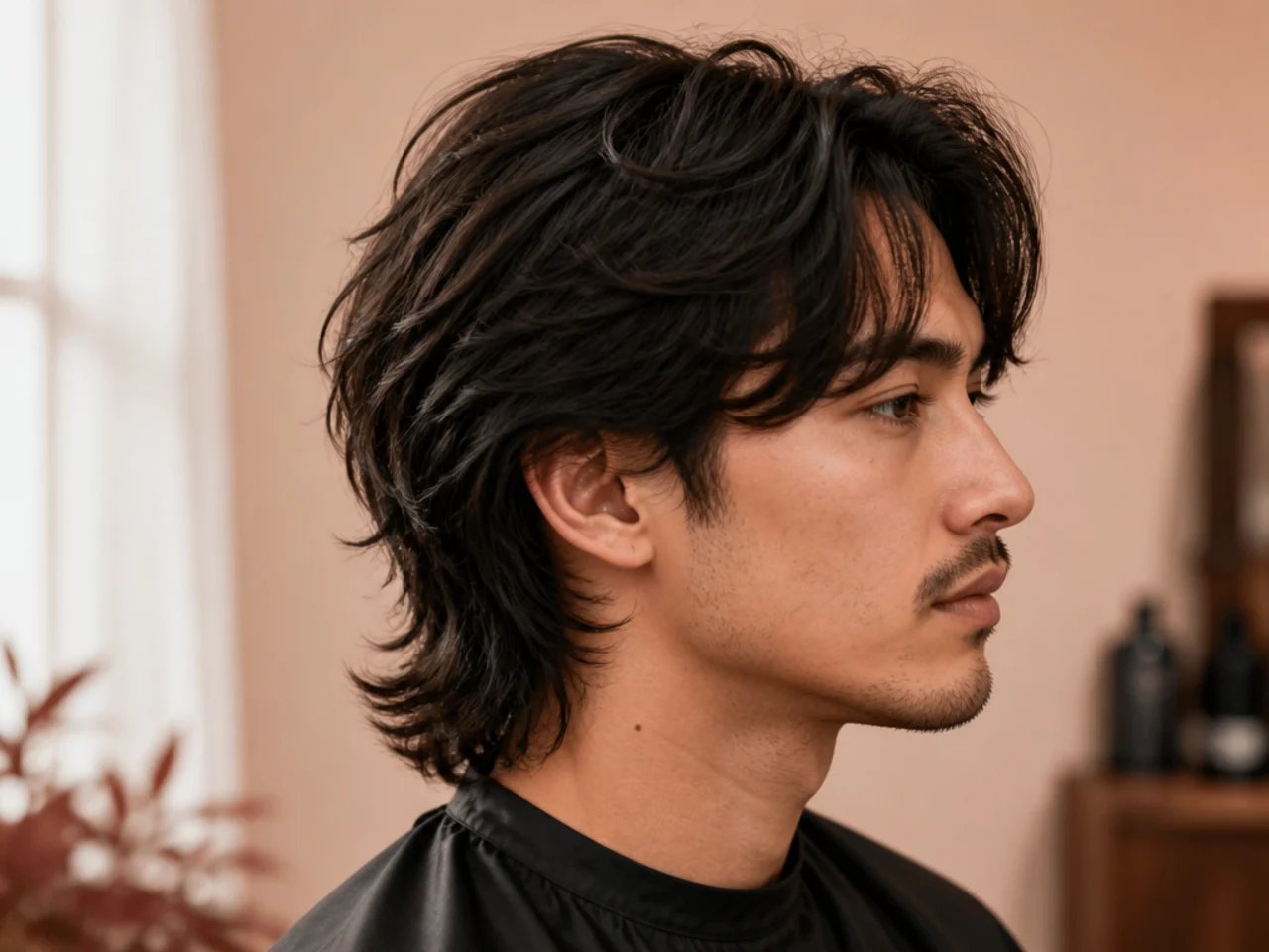 Curtain comma mullet with twin front curls off a soft middle part and a mullet flowing at the nape