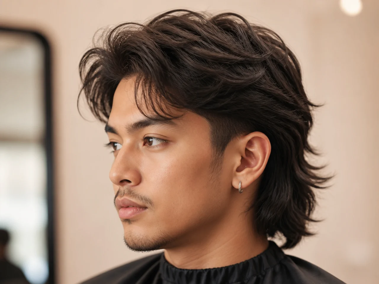 Blowout taper comma mullet with heavy root volume, a defined front comma, and a soft mullet drop at the nape