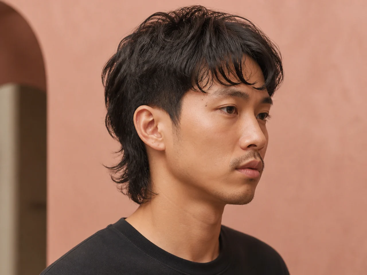Fringe comma mullet with a soft forehead fringe curling inward at the tips and a textured mullet nape