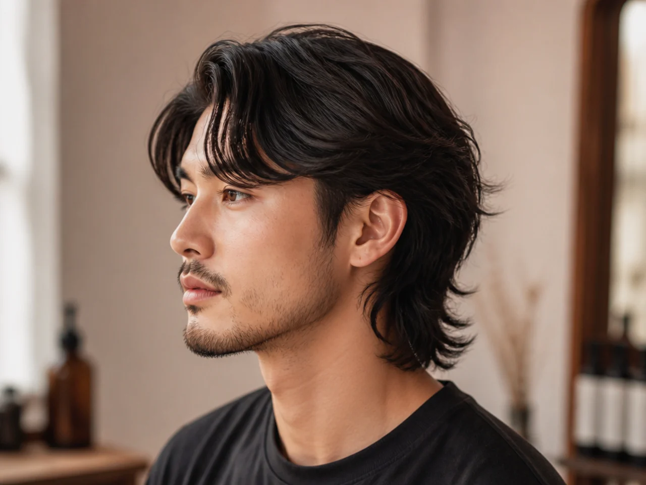 Side-swept comma mullet with a front curl sweeping across the forehead and a mullet flowing at the nape