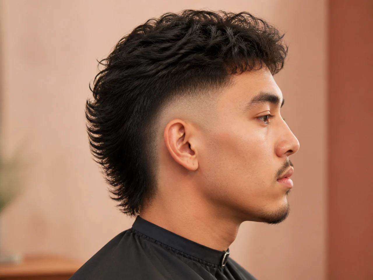 Skin fade comma mullet with sides taken to bare skin and a bold contrast to the mullet drop at the nape