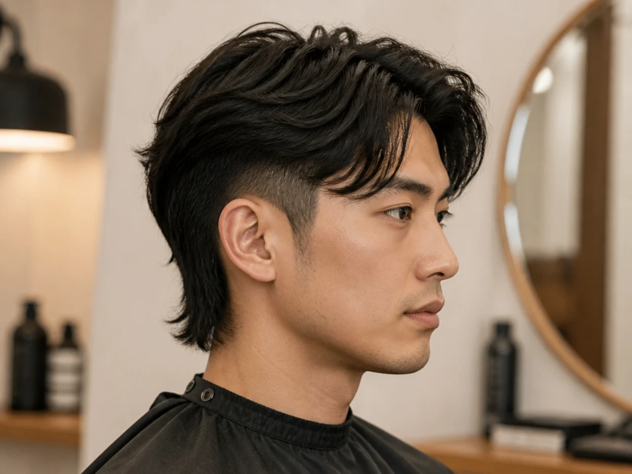 Two-block comma mullet with buzzed sides at a two guard, a hard horseshoe ledge, and a mullet drop at the nape