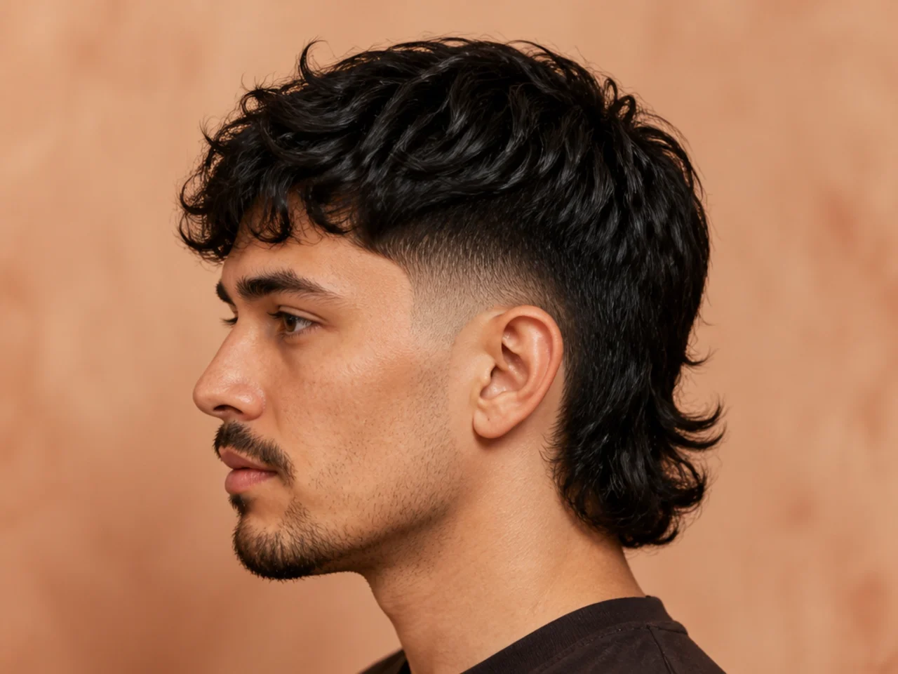 Low fade comma mullet with skin-clean lower sides and a soft mullet drop at the nape