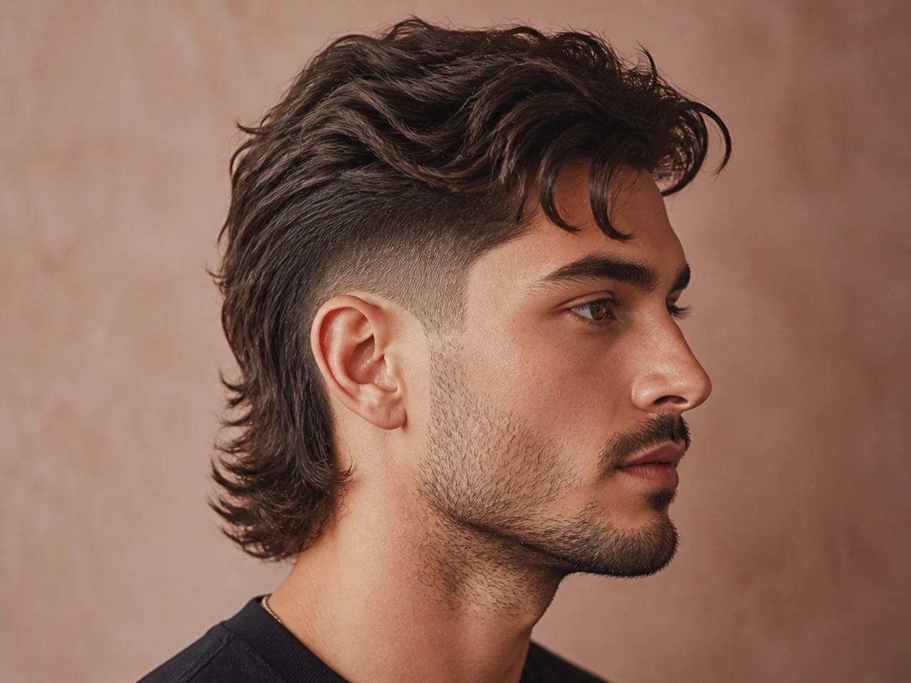Mid fade comma mullet with the blend line at temple height and a textured mullet drop