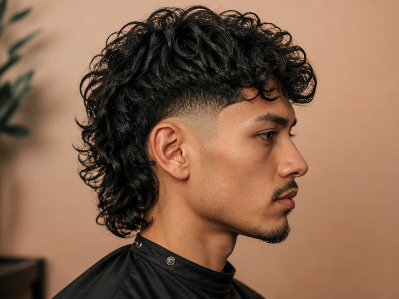 Burst fade comma mullet with the fade radiating around the ear and a mullet flowing at the nape