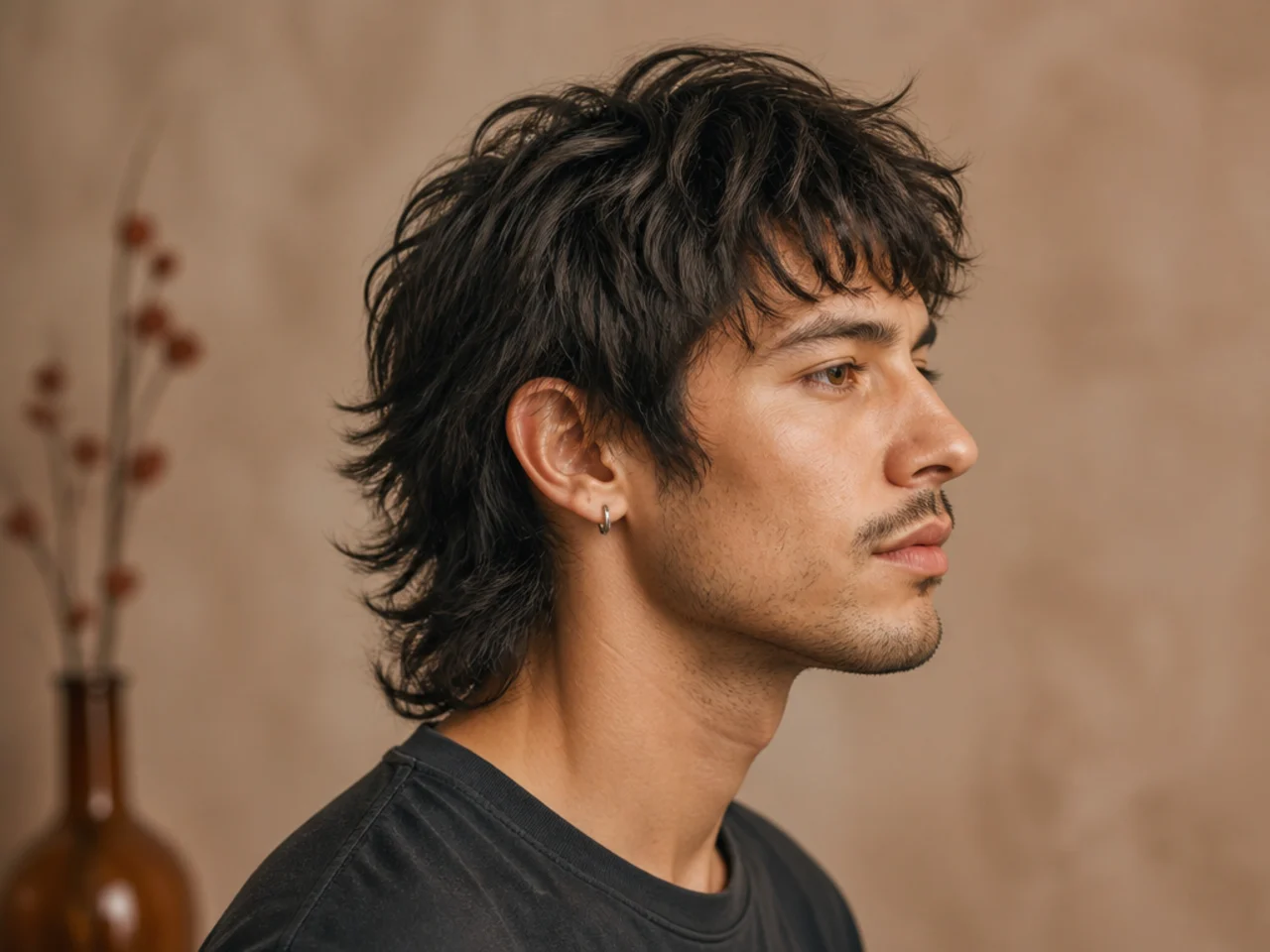 Wolf cut comma mullet with heavy internal layers around the crown and a longer mullet drop at the nape