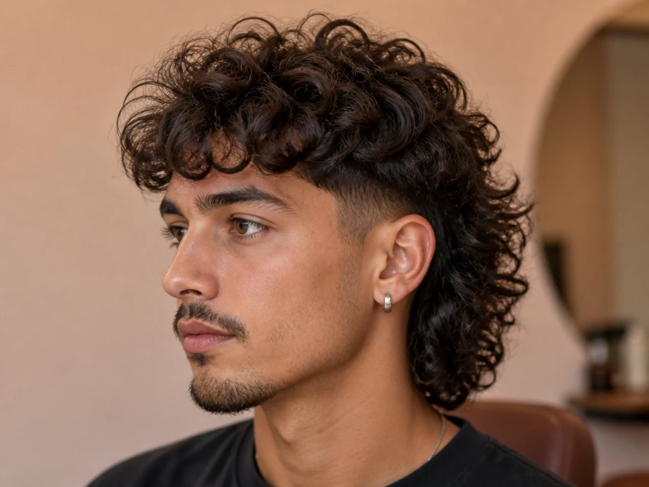 Curly comma mullet on 3A dark hair with longer front layers curling forward and a natural mullet drop