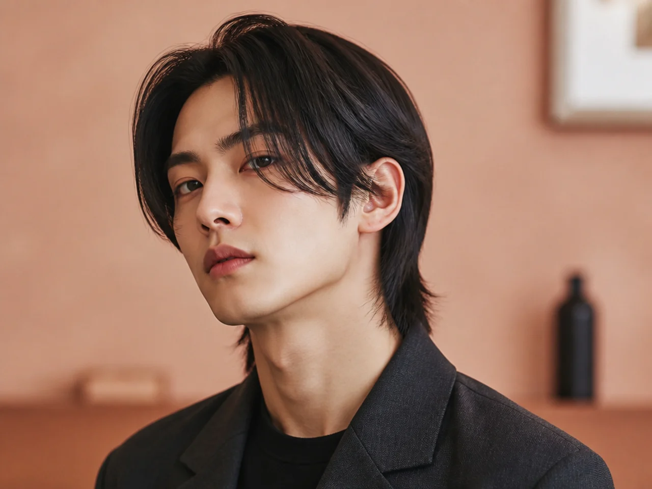 Straight K-pop comma mullet with a sharp glossy front curl and a precise blunt-cut mullet nape